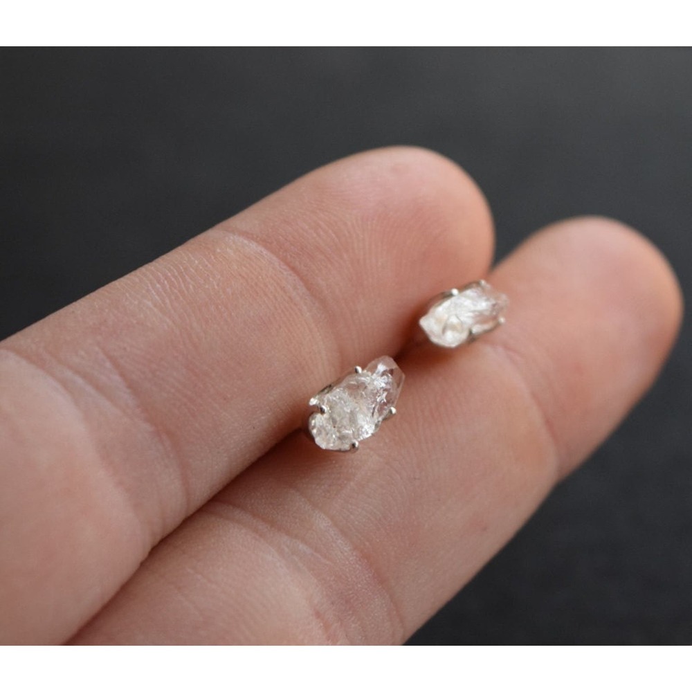 Sterling silver stud earrings, alternative diamond, uncut natural gemsto…